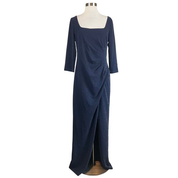 Adrianna Papell Long Sleeved Evening Gown Blue Metallic Size 8 Thigh Slit Formal - Picture 1 of 13